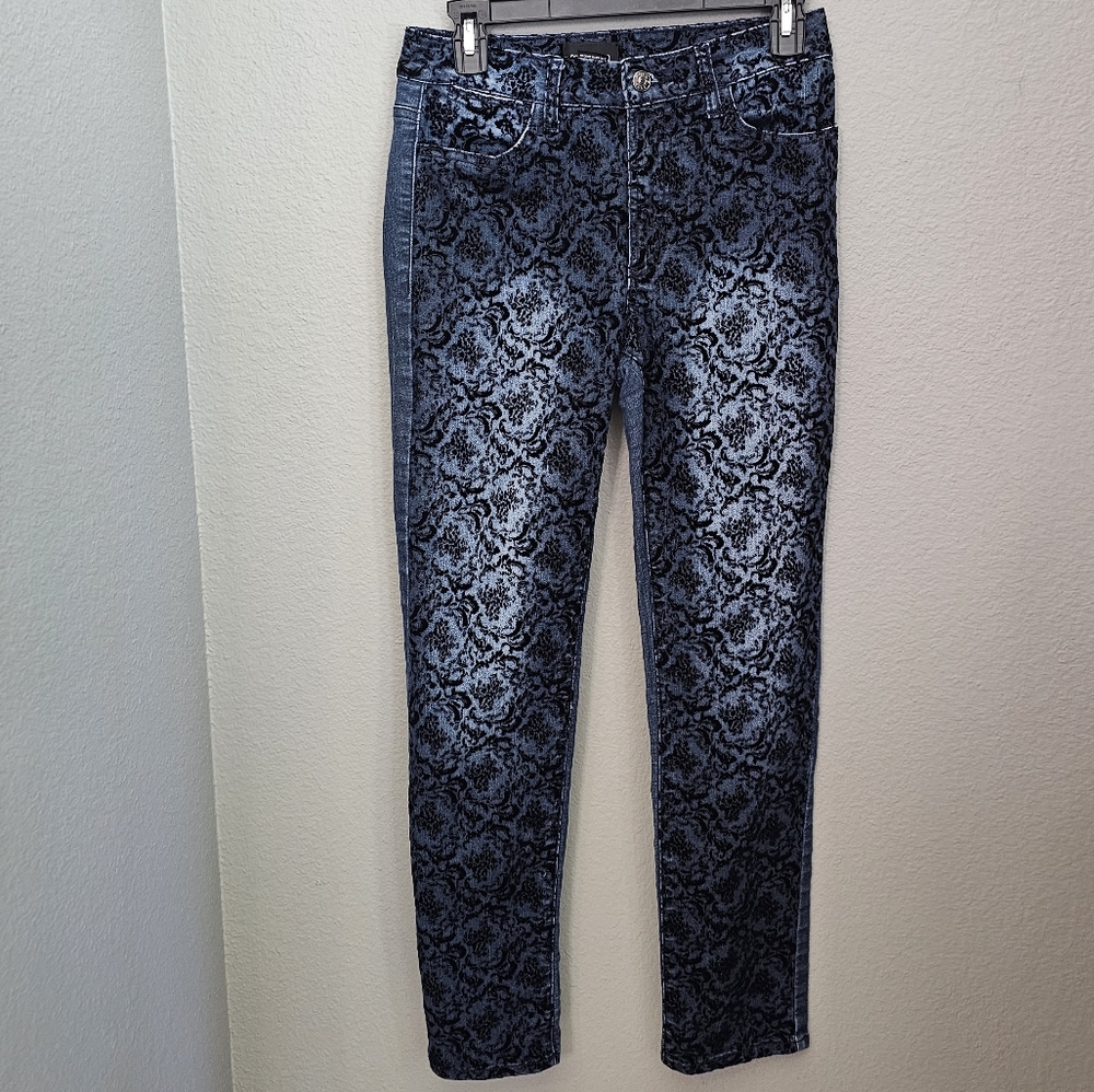 Damask Print Velvet Mid Rise Stretchy Slim Jeans Size 4